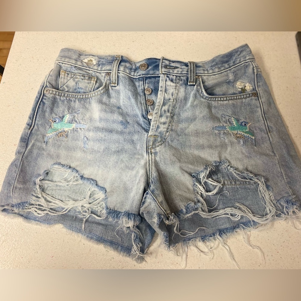 7 For All Mankind Embroidered Monroe Light Blue Distressed Shorts Boho Hippie
